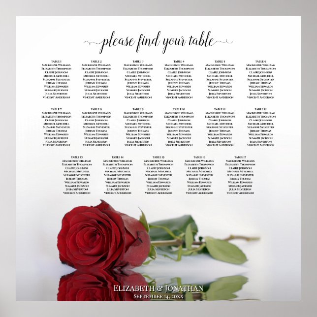 17 Tabelle Elegante Rote Rose Hochzeitskarte Poster (Vorne)
