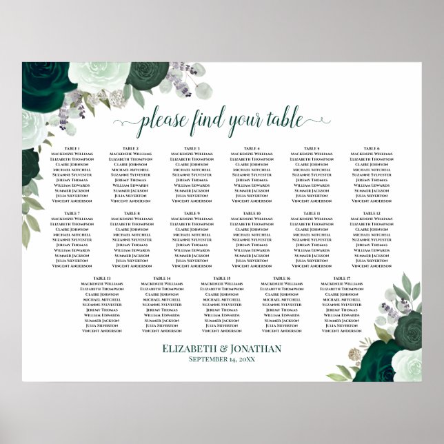 17 Tabelle Emerald Boho Blues Hochzeitstabelle Poster (Vorne)
