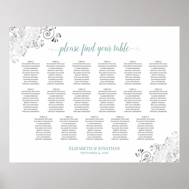 17 Tabelle Frily White Wedding Seating Chart Aquam Poster (Vorne)