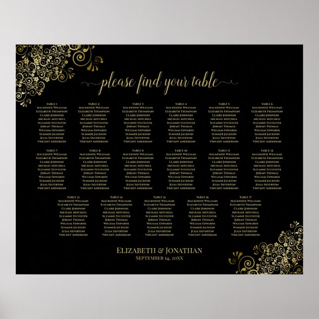 17 Tabelle Gold Frills Black Wedding Seating Chart Poster (Vorne)