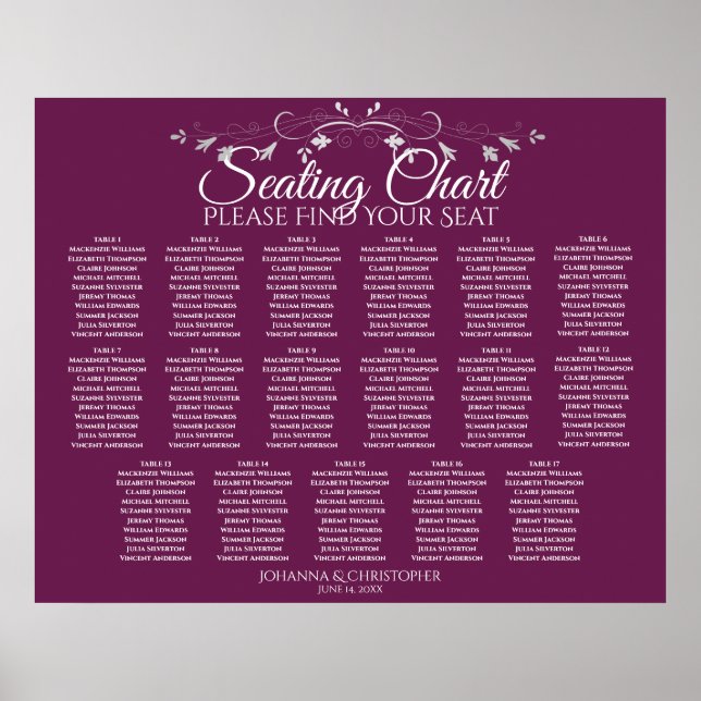 17 Table Elegant Cassis Wedding Seating Chart Poster (Vorne)