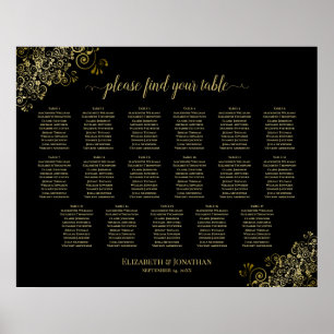 17 Table Gold Frills Black Wedding Seating Chart Poster