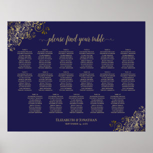 17 Table Lacy Gold Navy Blue Wedding Seating Chart Poster