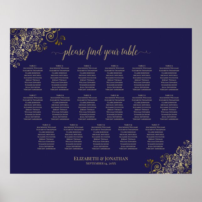 17 Table Lacy Gold Navy Blue Wedding Seating Chart Poster (Vorne)