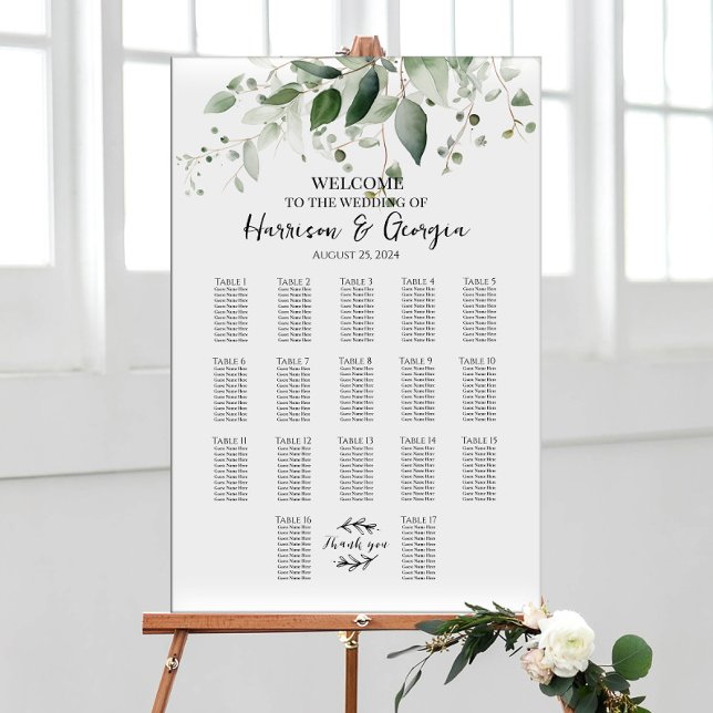 17 Tische Grüne elegante Hochzeitssitzkarte Poster (Von Creator hochgeladen)