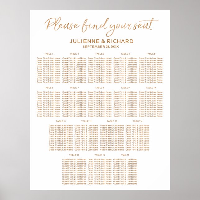 17 Tische Hochzeitsstühle Rose Gold Zeichen Poster (Vorne)
