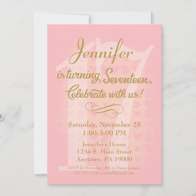 17e anniversaire Invitation Filles Coeurs d'or ros (Devant)