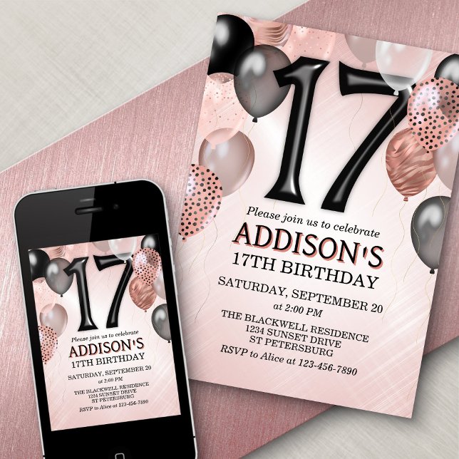 17e anniversaire Rose Gold Ballons Invitation (Créateur téléchargé)