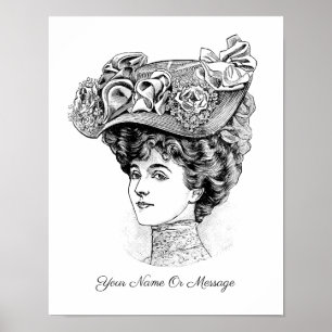 1800er Jahre Kunst einer Frau mit einem Blumenhut Poster