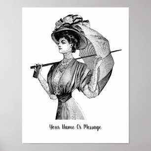 1800er Schwarz-Weiß-Kunst Frau mit Regenschirm Poster