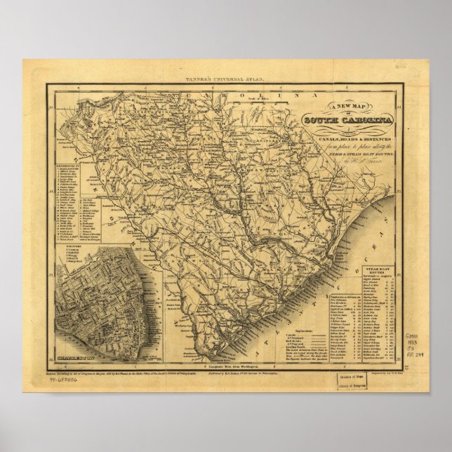 1833 Rail & Ship Routes Karte von South Carolina Poster (Vorne)