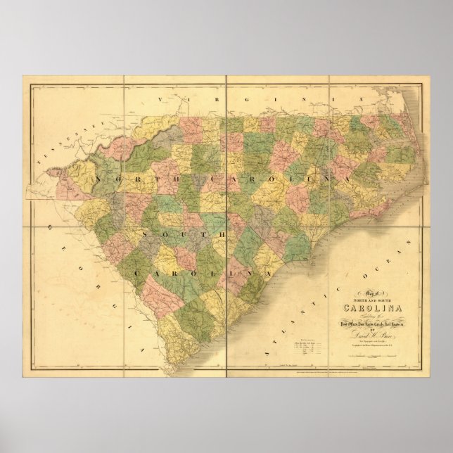 1839 North Carolina und South Carolina Karte Poster (Vorne)