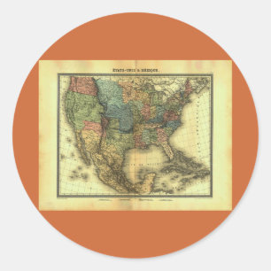 1848 Thunot Duvotenay Karte: Etats-Unis & Mexique Runder Aufkleber