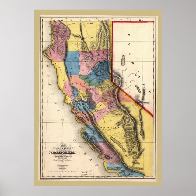 1851 California Gold Karte Sehr farbenfroh! Poster (Vorne)