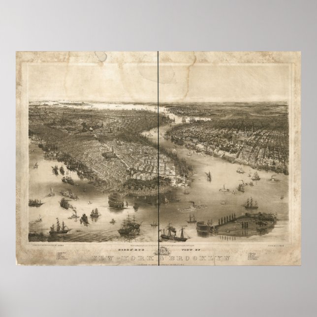 1851 New York & Brooklyn Birds Eye Panorama Karte Poster (Vorne)