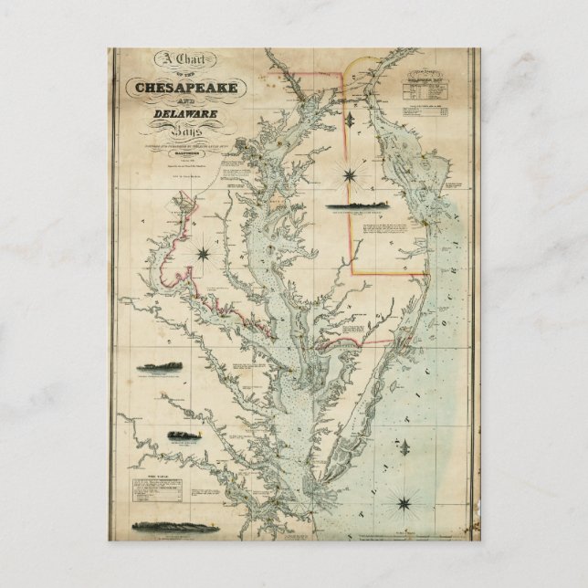 1852 Übersicht über die Buchten Chesapeake und Del Postkarte (Vorderseite)