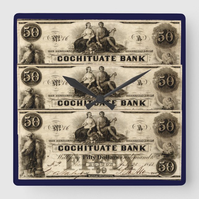1853 Cochituate 50 Dollar Note Quadratische Wanduhr (Vorderseite)