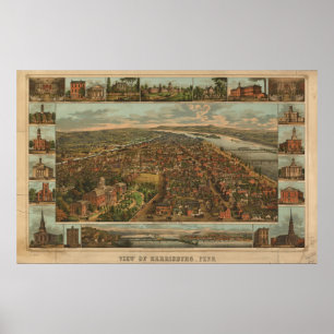 1855 Harrisburg, PA Birds Eye Panoramablick Karte Poster