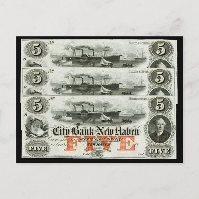 1855 New Haven Fünf-Dollar-Note Postkarte (Vorderseite)