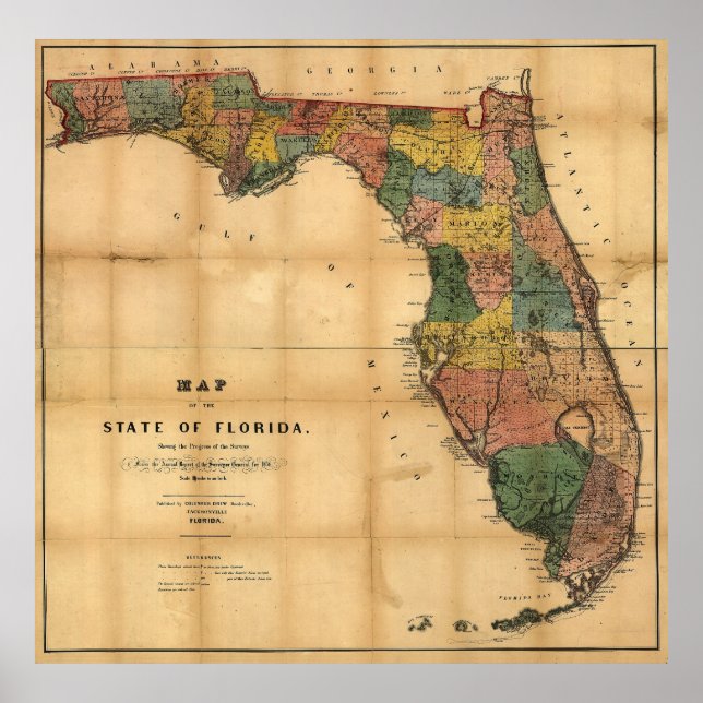 1856 Karte des Staat Florida durch Kolumbus Gezeic Poster (Vorne)
