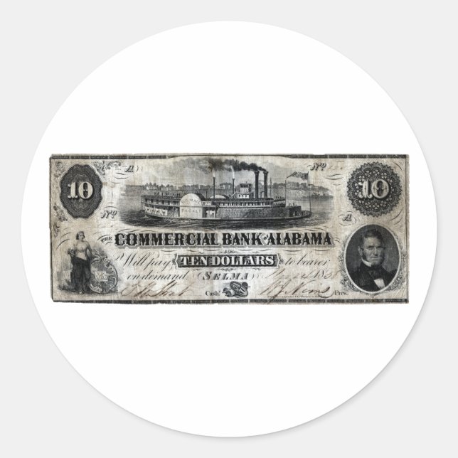 1858 Alabama-Zehn-Dollar-Note Runder Aufkleber (Vorderseite)