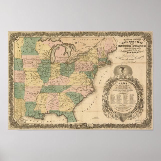 1858 Antique Rail Map der Vereinigten Staaten Poster (Vorne)
