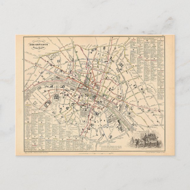 1858 Karte: Itineraire des Omnibus dans Paris Fran Postkarte (Vorderseite)