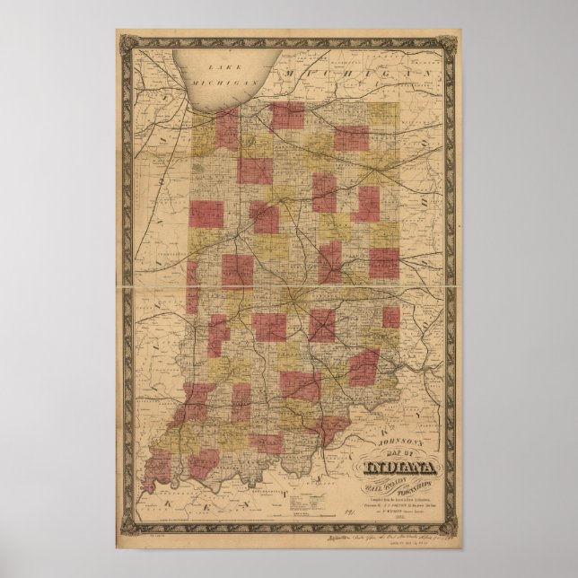 1858 Karte von Indiana mit Rails und Townships Poster (Vorne)