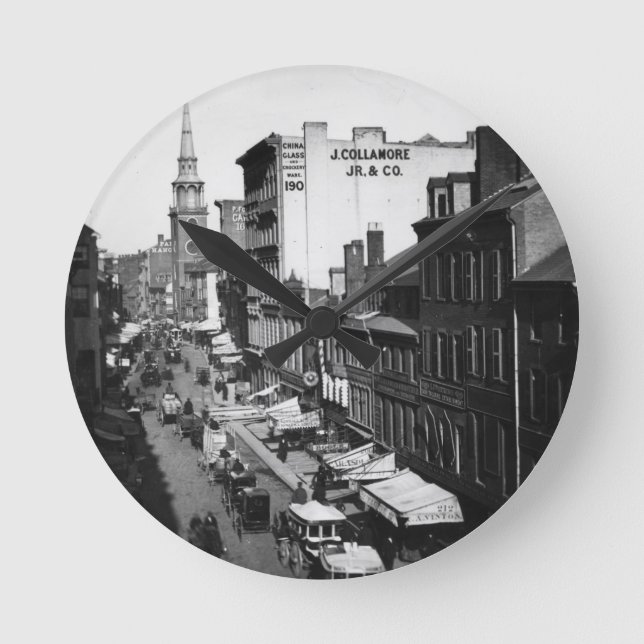 1859:  Verkehr und Geschäfte auf Washington-Straße Runde Wanduhr (Vorderseite)