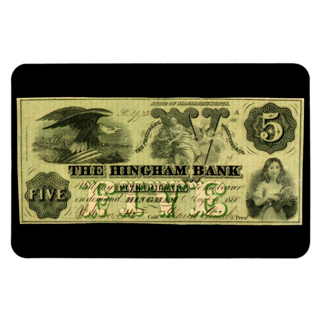 1860 Hingham Massachusetts Fünf-Dollar-Note Magnet (Horizontal)