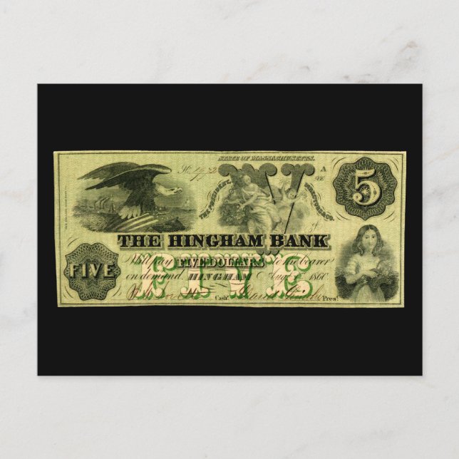 1860 Hingham Massachusetts Fünf-Dollar-Note Postkarte (Vorderseite)