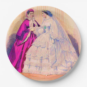 1861 Französische Modeplatte Hochzeitskleid Pappteller