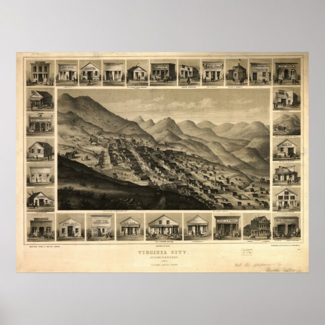 1861 Virginia City NV Birds Eye Panoramablick Kart Poster (Vorne)