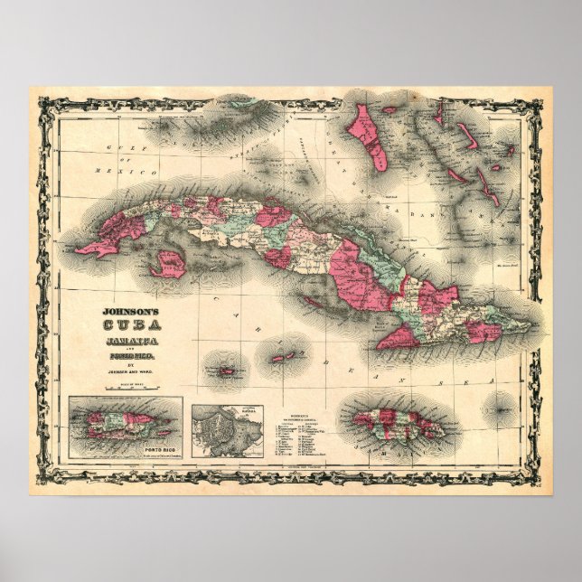 1862 Karte von KUBA, JAMAICA und PORTO RICO Poster (Vorne)