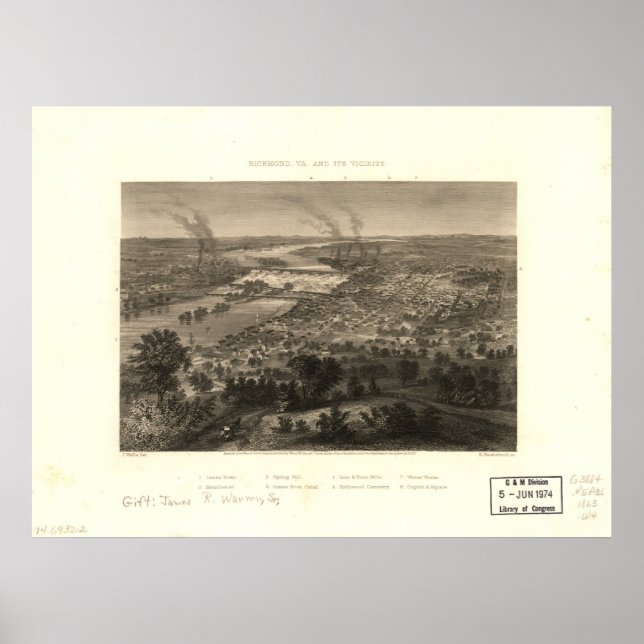 1863 Richmond, VA Bird's Eye View Panorama Karte Poster (Vorne)