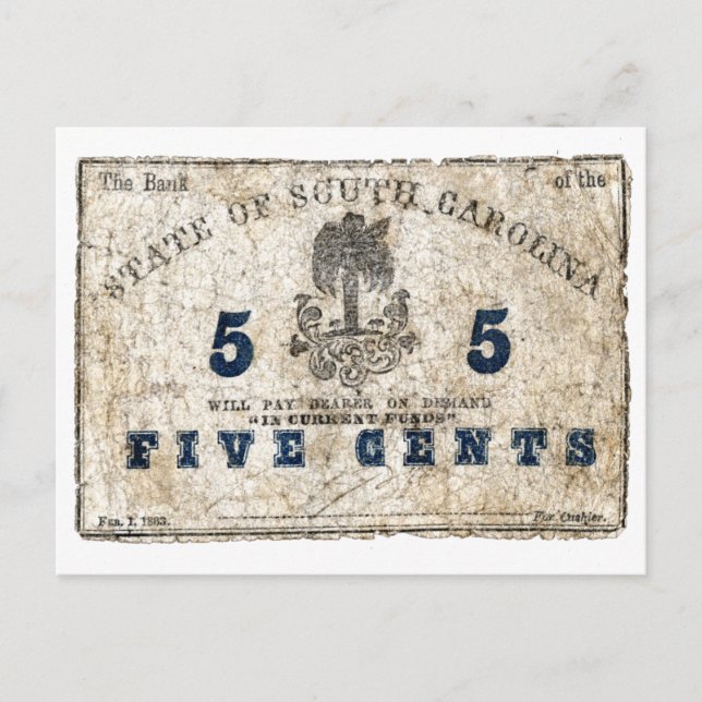 1863 South Carolina 5 Cent Hinweis Postkarte (Vorderseite)