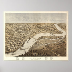 1867 Appleton, WI Birds Eye Panoramablick Karte Poster