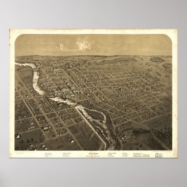 1868 Niles, MI Birds Eye View Panoramic Map Poster (Vorne)