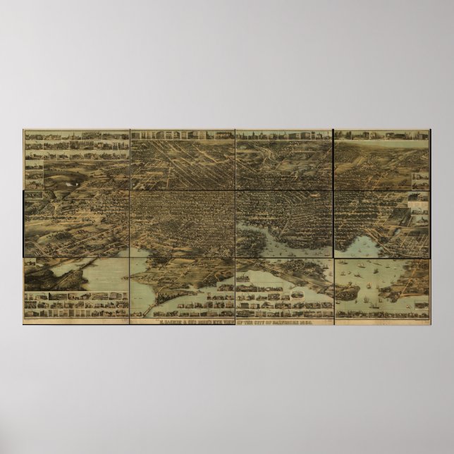 1869 Baltimore, MD Birds Eye Panoramablick Karte Poster (Vorne)