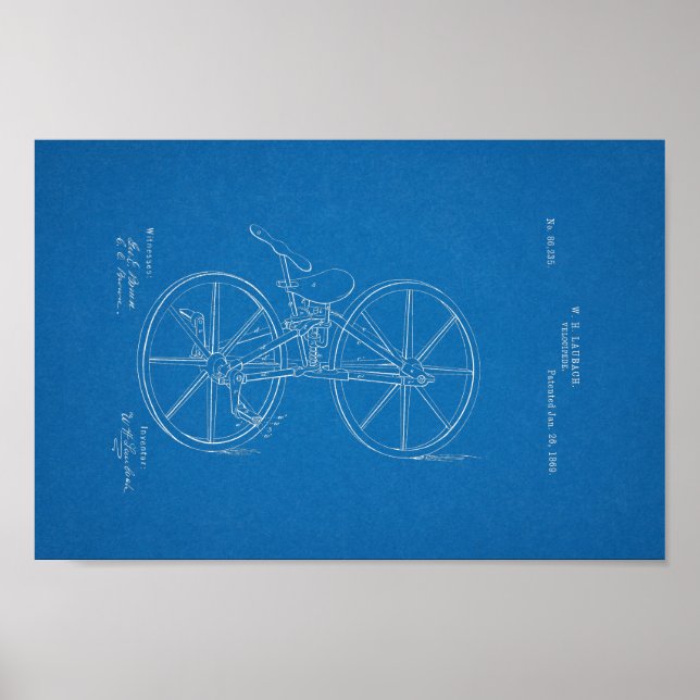 1869 Vintages Fahrrad Velocipede Patent Blue Print Poster (Vorne)
