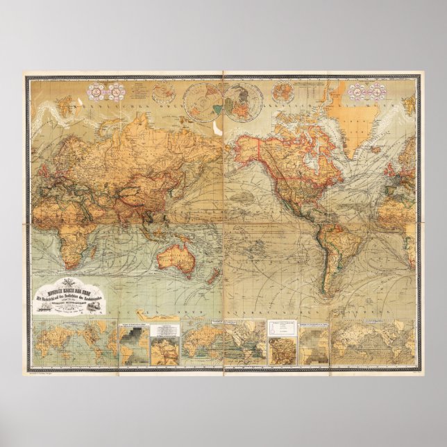 1870 Baur und Bromme Weltkarte Mercator Projektion Poster (Vorne)