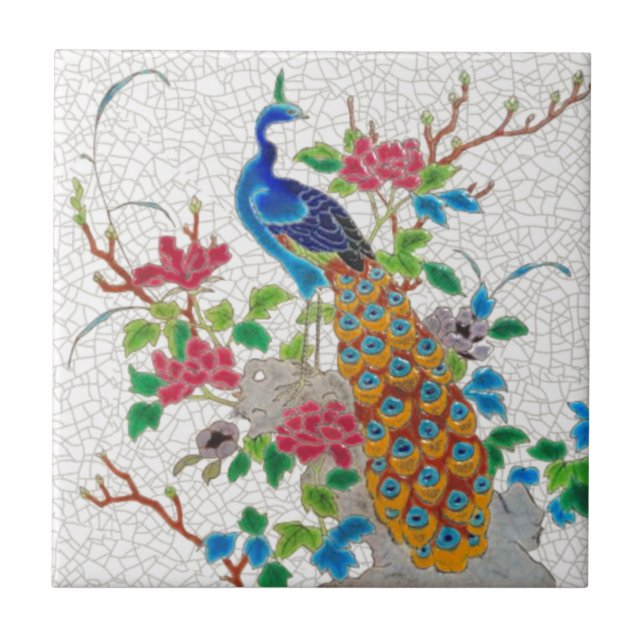 1870er Jahre Ästhetik Französisch Longwy Peacock R Fliese (Vorderseite)