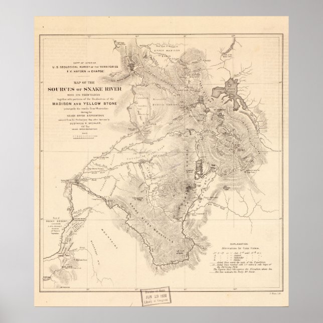 1870's Map Sources of Snake River Wyoming Idaho Poster (Vorne)