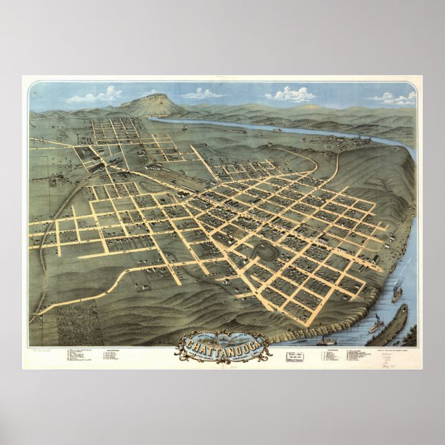 1871 Chattanooga, TN Birds Eye Panoramablick Karte Poster (Vorne)