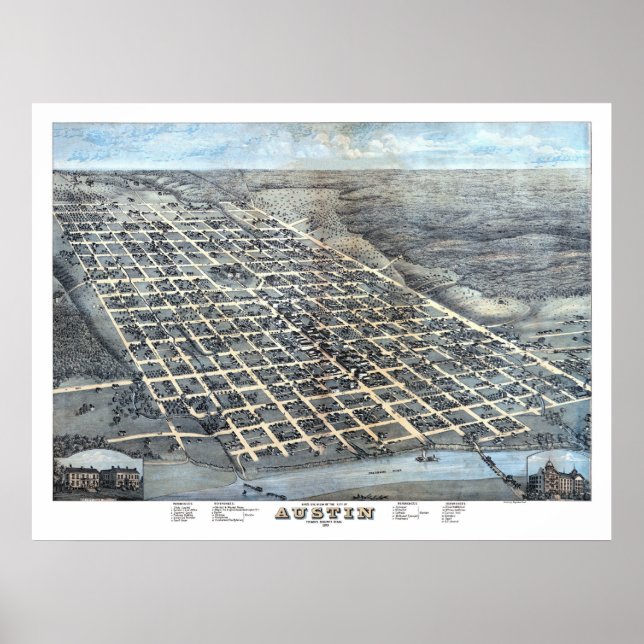 1873 Austin, TX Bird's Eye View Panorama Karte Poster (Vorne)