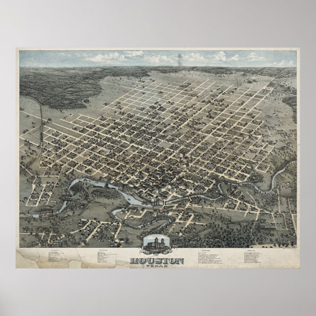 1873 Houston, TX Birds Eye Panoramablick Karte Poster (Vorne)