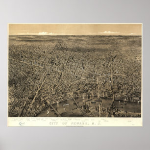 1874 Newark, NJ Birds Eye Panoramablick Karte Poster