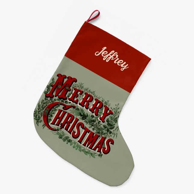 1876 Merry Christmas Green Großer Weihnachtsstrumpf (Vorderansicht (hängend))