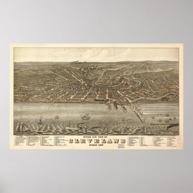 1877 Cleveland, OH Vögel Augen Panoramablick Karte Poster (Vorne)