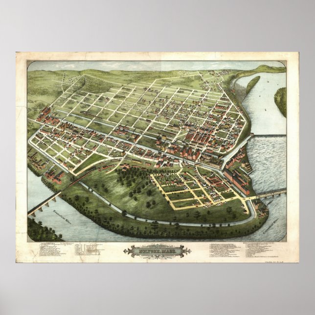 1877 Holyoke, MA Birds Eye Panoramablick Karte Poster (Vorne)
